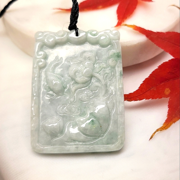NWT Genuine Certified Jadeite Fish in Lotus Pond Pendant Necklace - Picture 2 of 8